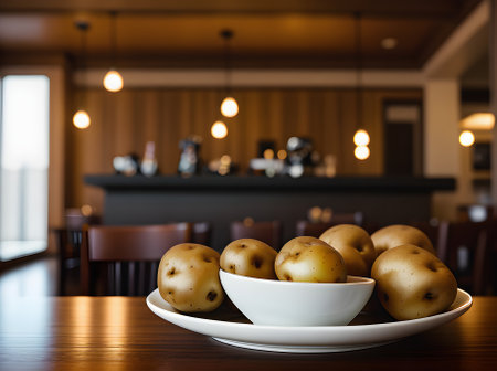 Realistic potatoes cozy atmosphere warm lighting highly detailed. Neutral colors. Nobody. Restaurant. Generative AI Generatedの素材