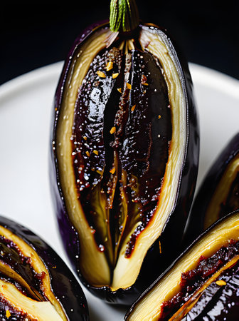 Realistic baked aubergine portrayed against a black background. Captured from a firstperson point of view with a clear and precise focus. Generative AI Generatedの素材