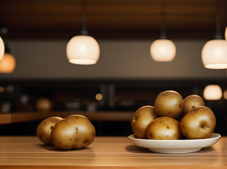 Realistic potatoes neutral colors warm lighting highly detailed. Cozy atmosphere in a restaurant with nobody present. Generative AI Generatedの素材