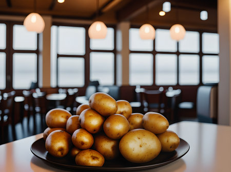 Realistic potatoes neutral colors warm lighting highly detailed. Cozy atmosphere in a restaurant with nobody present. Generative AI Generatedの素材