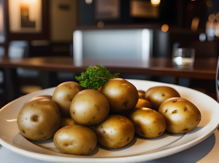 Realistic potatoes neutral colors warm lighting highly detailed. Cozy atmosphere in a restaurant with nobody present. Generative AI Generatedの素材