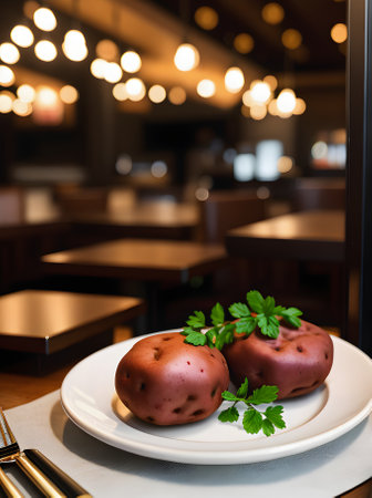 Realistic red potatoes neutral palette warm lighting. Highly detailed cozy atmosphere at a restaurant with no one around. Generative AI Generatedの素材