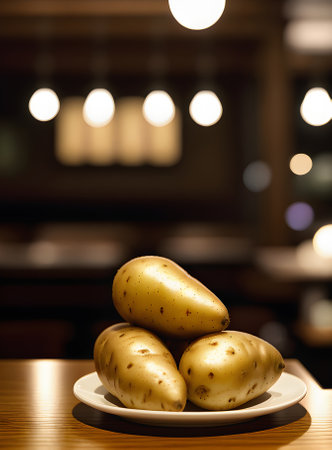 Realistic potatoes cozy atmosphere warm lighting highly detailed. Neutral colors. Nobody. Restaurant. Generative AI Generatedの素材