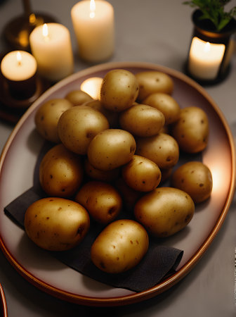 Realistic potatoes cozy atmosphere warm lighting highly detailed. Neutral colors. Nobody. Restaurant. Generative AI Generatedの素材