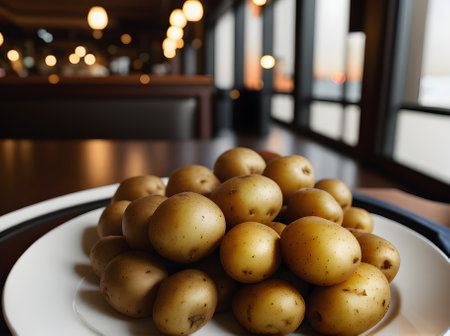 Realistic potatoes neutral colors warm lighting highly detailed. Cozy atmosphere in a restaurant with nobody present. Generative AI Generatedの素材