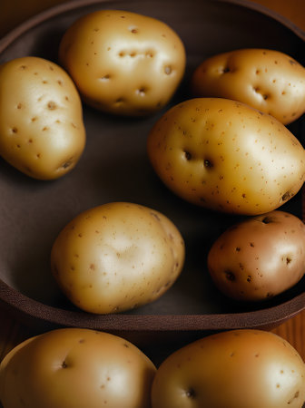 Realistic potatoes cozy atmosphere warm lighting highly detailed. Neutral colors. Nobody. Restaurant. Generative AI Generatedの素材