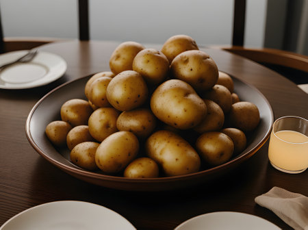 Realistic potatoes neutral colors warm lighting highly detailed. Cozy atmosphere in a restaurant with nobody present. Generative AI Generatedの素材