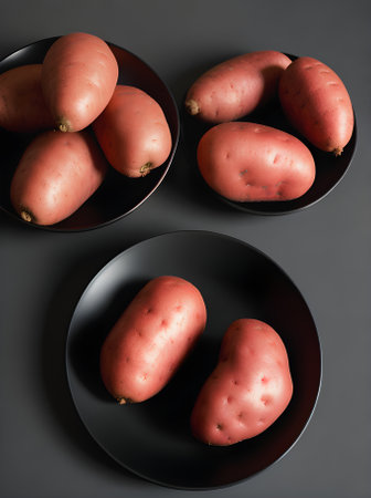 Realistic red potatoes on black background medium shot with sharp focus. Generative AI Generatedの素材