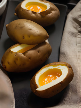 Realistic baked potatoes with neutral palette warm lighting detailed cozy atmosphere restaurant ambiance no people POV. Generative AI Generatedの素材