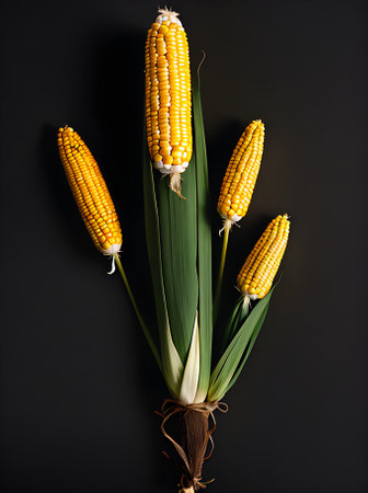 realistic corn against black backdrop in sharp focus Generative AI Generatedの素材