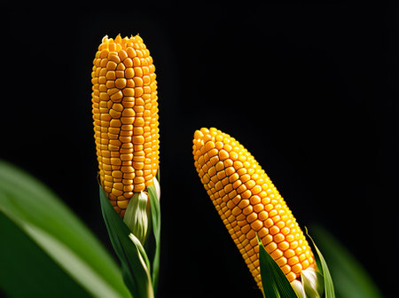 realistic corn against black backdrop in sharp focus Generative AI Generatedの素材