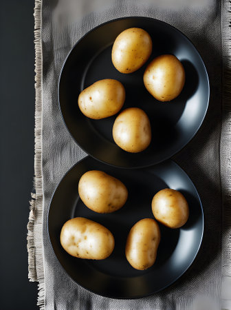 Realistic potatoes showcased against a black backdrop captured from a focused point of view. Generative AI Generatedの素材