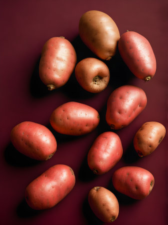 Realistic red potatoes on black background captured in a long shot with sharp focus. Generative AI Generatedの素材