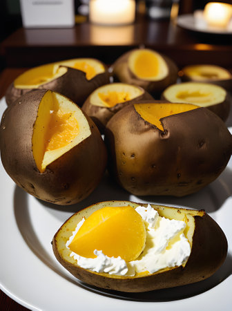 Realistic baked potatoes with neutral palette warm lighting detailed cozy atmosphere restaurant ambiance no people POV. Generative AI Generatedの素材
