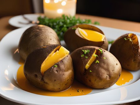 Realistic baked potatoes with neutral palette warm lighting detailed cozy atmosphere restaurant ambiance no people POV. Generative AI Generatedの素材