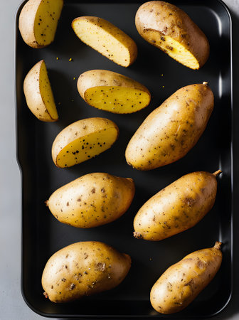 Realistic baked potatoes on a black background with a long shot and sharp focus. Generative AI Generatedの素材
