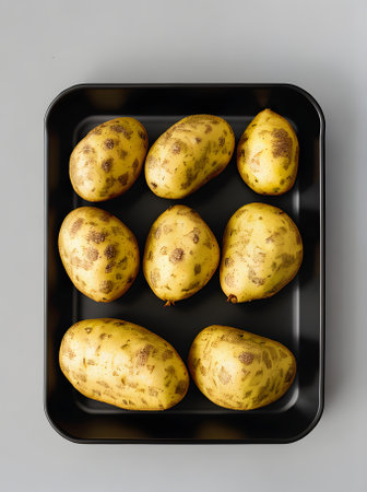 Realistic baked potatoes on a black background with a long shot and sharp focus. Generative AI Generatedの素材