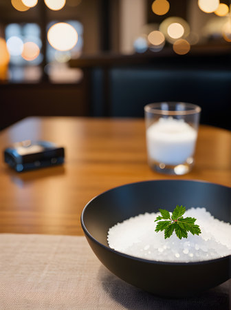 Realistic grains of salt bring a cozy highly detailed atmosphere to this neutralcolored restaurant with warm lighting and no people in sight. POV. Generative AI Generatedの素材
