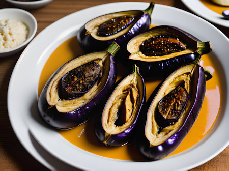 Realistic baked aubergine sets a cozy atmosphere with warm lighting highly detailed decor and a neutral color palette in a restaurant from a personalized POV with no visito Generative AI Generatedの素材