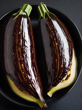 Realistic baked aubergine against a black background showcased from a firstperson point of view with sharp focus. Generative AI Generatedの素材