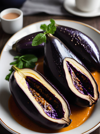 Realistic baked aubergine sets a cozy atmosphere with warm lighting highly detailed decor and a neutral color palette in a restaurant from a personalized with no visito Generative AI Generatedの素材