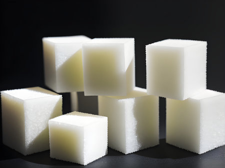Realistic sugar cubes on a black background captured upclose with a sharp focus. Generative AI Generatedの素材