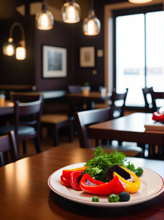 Realistic pepper neutral tones warm lighting intricate details a cozy atmosphere in a deserted restaurant shown from a distant view. Generative AI Generatedの素材