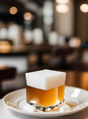 Realistic sugar cubes neutral colors warm lighting highly detailed cozy atmosphere at a closeup restaurant with no people. Generative AI Generatedの素材