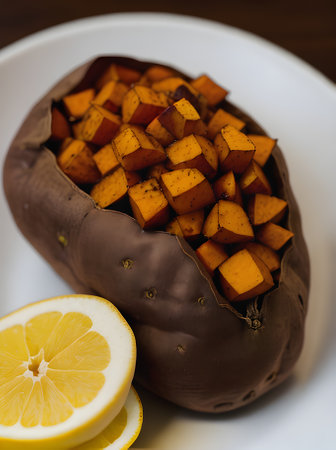 Realistic sweet potatoes inspire cozy atmosphere with warm lighting highly detailed neutral color palette in an extreme closeup view at a restaurant. Generative AI Generatedの素材