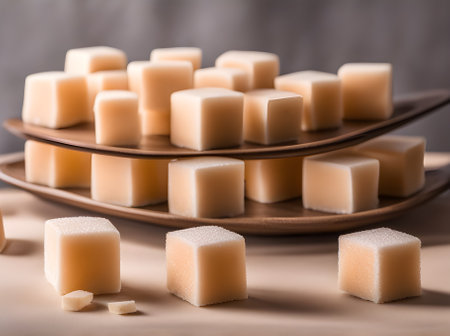 Realistic sugar cubes set in a neutral color palette with warm lighting creating a highly detailed and cozy atmosphere in an empty restaurant. Extreme long shot. Generative AI Generatedの素材