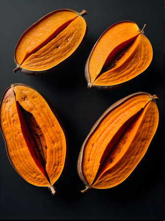 Realistic sweet potatoes showcased against a striking black background with a precise and clear focus. Generative AI Generatedの素材