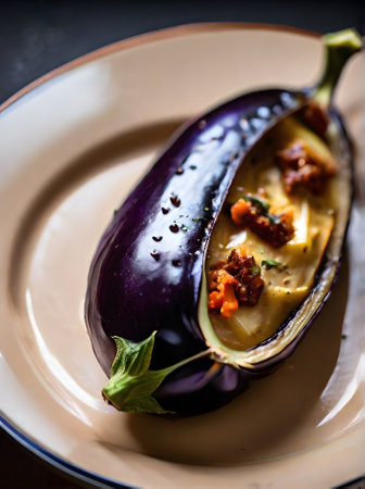 Realistic baked aubergine with warm lighting highly detailed cozy atmosphere in a neutral color palette medium shot at a restaurant. Nobody present. Generative AI Generatedの素材