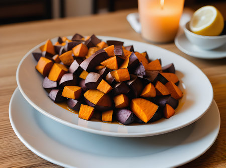 Detailed cozy atmosphere in a warm neutraltoned restaurant showcasing realistic sweet potatoes under warm lighting with a nobody present in a long shot. Generative AI Generatedの素材