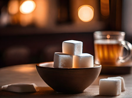 Realistic sugar cubes neutral colors warm lighting detailed cozy atmosphere in a restaurant with nobody shown in an extreme long shot. Generative AI Generatedの素材