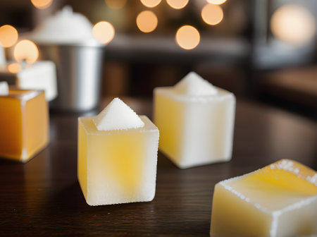 Realistic sugar cubes cozy atmosphere highly detailed warm lighting neutral color palette POV in an empty restaurant. Generative AI Generatedの素材