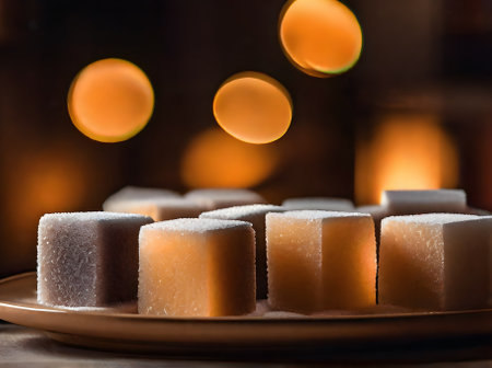 Realistic sugar cubes neutral colors warm lighting detailed cozy atmosphere in a restaurant with nobody shown in an extreme long shot. Generative AI Generatedの素材