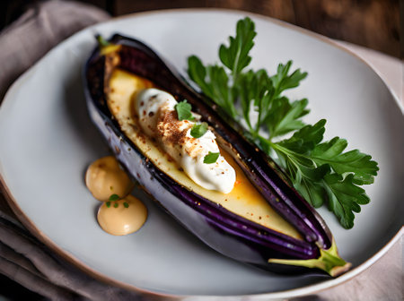 Realistic baked aubergine with warm lighting highly detailed cozy atmosphere in a neutral color palette medium shot at a restaurant. Nobody present. Generative AI Generatedの素材