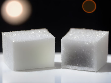 Realistic sugar cubes against black background sharp focus POV. Generative AI Generatedの素材