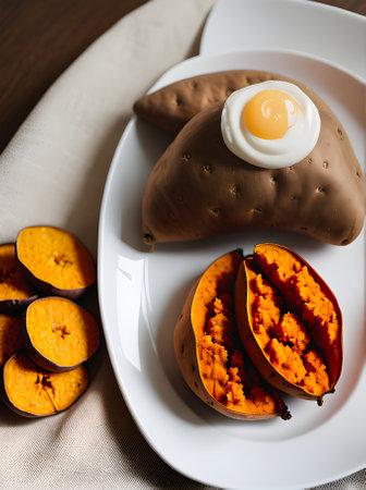 Realistic sweet potatoes in cozy restaurant with warm lighting neutral colors highly detailed creating a comfortable atmosphere with a long shot. Generative AI Generatedの素材