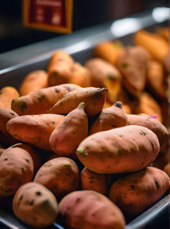 Realistic sweet potatoes restaurant with cozy highly detailed warm atmosphere neutral color palette and a long shot showcasing nobody. Generative AI Generatedの素材