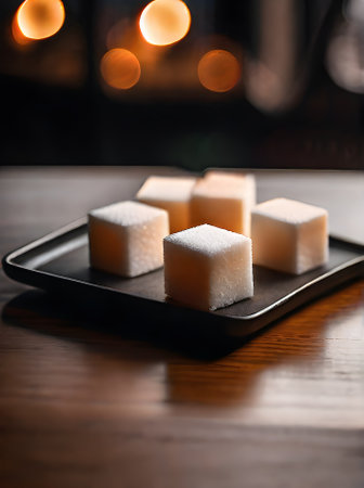Realistic sugar cubes neutral colors warm lighting detailed cozy atmosphere in a restaurant with nobody shown in an extreme long shot. Generative AI Generatedの素材