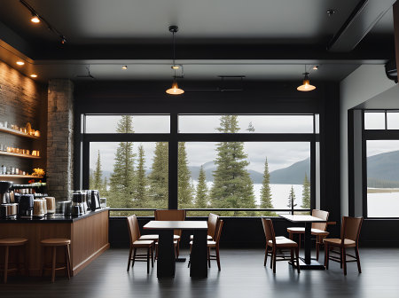 ultrarealistic design coffee shop interior medium shot hyper detail Generative AI Generatedの素材