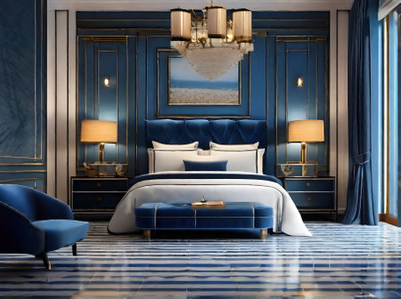 Portuguese blue tile wall enhances luxurious hotel villa room. Generative AI Generatedの素材