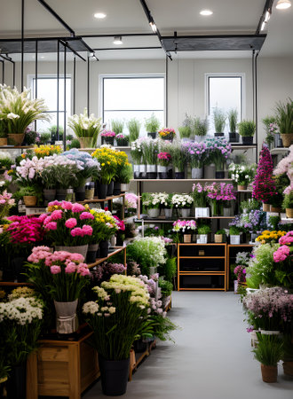 realistic flower shop interior with hyperdetailed medium shot. Generative AI Generatedの素材