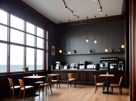 ultra realistic Interior design of a cafe medium shot hyper detail high Generative AI Generatedの素材