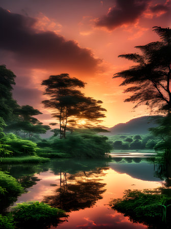 Mystical 3D lake in jungle with duotone colors invoking sunset creating a Generative AI Generatedの素材
