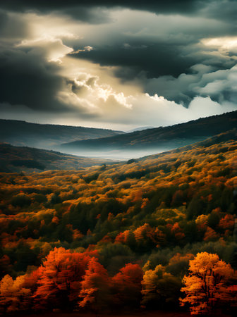 Volumetric autumn landscape: duotone stormy cinematic. Generative AI Generatedの素材