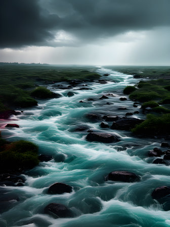River  rain meet Pantone  palette stormy  cinematic with volumetric  Generative AI Generatedの素材