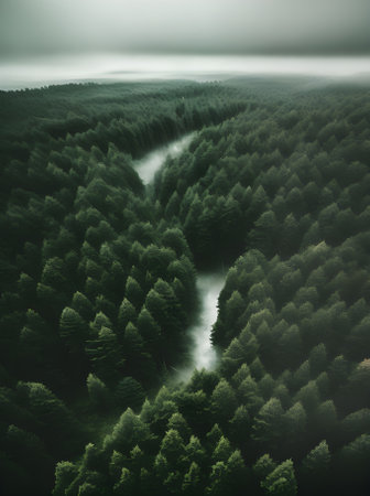 Misty woods seen from above with 3D shadows captivating stormy cinemati Generative AI Generatedの素材