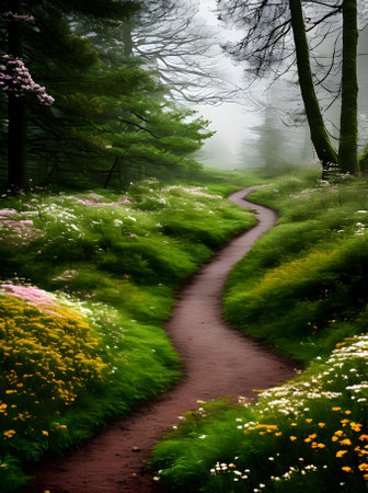 Realistic forest footpath with flowers Pantone palette storm cinema Generative AI Generatedの素材